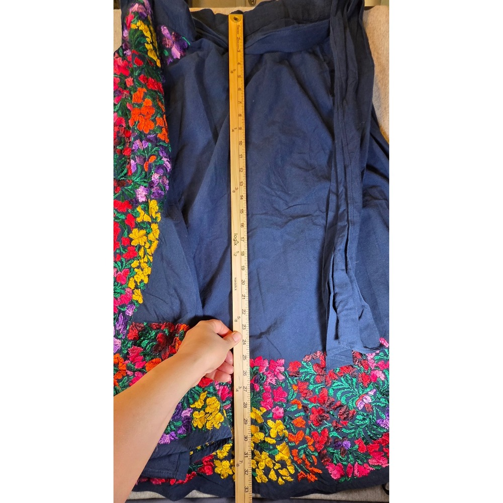 Handmade Mexican Floral Embroidered Wrap Skirt Navy Blue Boho Folk Art Maxi - Picture 2 of 6